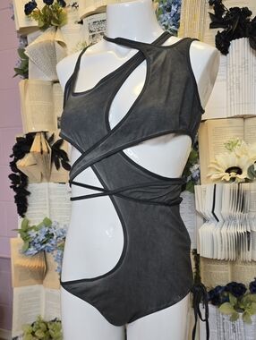 NWT Darker Wavs by Dolls Kill Compression Cutout Bodysuit Charcoal LG